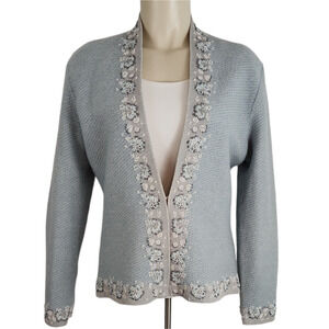 Sigrid Olsen Beaded Cardigan Sweater Sz XS Blue Cream Open Wool Lined